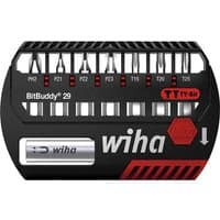 Wiha 8 Piece Bit Buddy Screwdriver Bit Set with black case, labeled slots, and red accents.