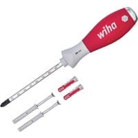 Red and white Wiha screwdriver set with dowel racket, includes two wall plugs and a metal rod attachment.