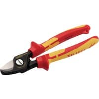 Red and yellow XP1000 VDE cable shears, 170mm, with tethered handle and sharp curved blades.
