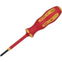 Red and yellow XP1000 VDE cross slot screwdriver, No.0 x 60mm, with ergonomic handle and insulated shaft.