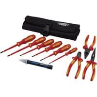 XP1000 VDE Electrical Tool Kit with red and yellow insulated handles, pliers, screwdrivers, and black tool pouch.