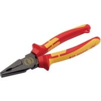 Red and yellow XP1000 VDE Hi-Leverage Combination Pliers, 200mm, with black jaws and tethered handle.