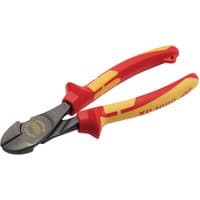Red and yellow XP1000 VDE Hi-Leverage Side Cutter, 180mm, with tethered handle and robust cutting blades.