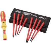XP1000 VDE torque screwdriver set with red handles, yellow accents, and black carrying pouch.