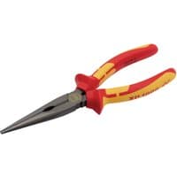 Red and yellow XP1000 VDE long nose pliers, 200mm, with insulated handles and pointed metal tips.