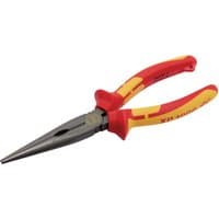 Red and yellow XP1000 VDE long nose pliers, 200mm, with tethered handle and pointed metal jaws.