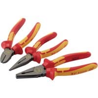 Red and yellow XP1000 VDE pliers set, includes diagonal, needle-nose, and combination pliers with insulated grips.