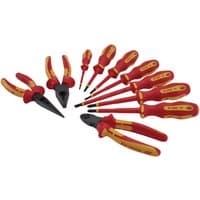 Red and yellow XP1000 VDE screwdriver and pliers set, featuring insulated handles and various tool sizes.