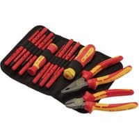 Red and yellow XP1000 VDE Slimline screwdriver and pliers set in black case, featuring 14 interchangeable pieces.