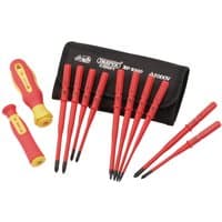 XP1000 VDE Slimline screwdriver set with red insulated handles, yellow accents, and black tips in a black pouch.