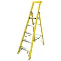 Yellow Zarges platform steps with five aluminum rungs and a 1.18m platform height.