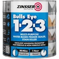 Zinsser Bulls Eye 1-2-3 Primer can with blue label, black lid, and text highlighting multi-purpose use.