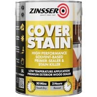 Zinsser Cover Stain primer can, white label, yellow accents, 5L size, for interior and exterior use.