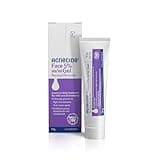 Acnecide Face Gel tube with purple label, 5% benzoyl peroxide, 15g, next to matching white box with purple accents.