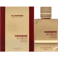 Gold and red Al Haramain Amber Oud Ruby Edition Eau de Parfum bottle, 60ml, with matching box.