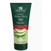 Green Aloe Pura Aloe Vera Gel with Tea Tree, 200ml tube, featuring aloe leaf images and white text on the front.
