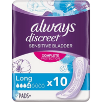 Always Discreet Long Bind pack, purple and white with floral design, contains 10 pads for sensitive bladder protection.