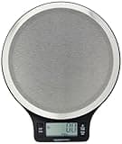 Black and stainless steel digital kitchen scale with round platform, LCD display, and buttons for unit conversion.