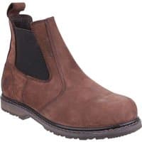 Brown leather pull-on dealer safety boots with black elastic side panels and rugged sole.