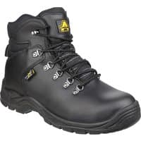 Black Amblers safety boots with metal eyelets, padded collar, and Poron XRD metatarsal protection.