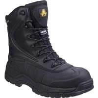 Black Amblers hi-leg waterproof safety boots with lace-up front, padded collar, and yellow logo on tongue.