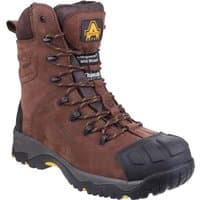 Brown Amblers waterproof hi-leg safety boots with black reinforced toe and rugged sole, featuring yellow logo on tongue.