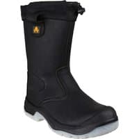 Black Amblers FS209 water-resistant pull-on safety rigger boots with reinforced toe and slip-resistant sole.