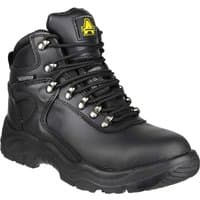Black Amblers FS218 waterproof safety boot with metal eyelets, padded collar, and yellow logo on tongue.