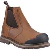 Brown leather Chelsea safety boot with black toe cap, elastic side panels, and rugged sole.