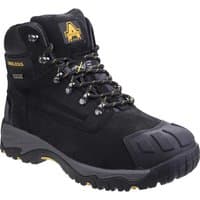 Black Amblers men's safety boots with metatarsal protection, waterproof design, and rugged sole.