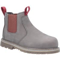 Gray Amblers Safety boot, slip-on style, with red elastic side panels and pull tabs, rugged sole, size 7.