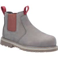 Gray Amblers Safety AS106 Sarah slip-on boot with red pull tabs, elastic side panels, and rugged sole.