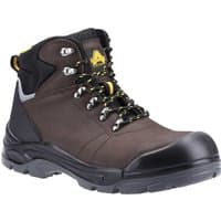 Brown leather safety boot with black rubber toe cap, yellow accents, metal eyelets, and padded ankle support.