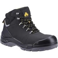 Black leather safety boot with yellow logo, padded collar, metal eyelets, and durable rubber sole.
