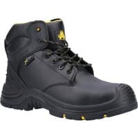 Black Amblers Safety boot, metal-free, waterproof, with metatarsal protection, yellow accents, size 9.