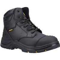 Black Amblers Safety boot with lace-up front, padded collar, and rugged sole, featuring metal-free waterproof design.
