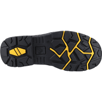 Black and yellow Amblers Safety boot sole with rugged tread pattern, size 8.