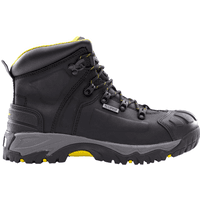 Black Amblers waterproof safety boot, wide fit, size 10, with yellow accents, rugged sole, and reinforced toe.