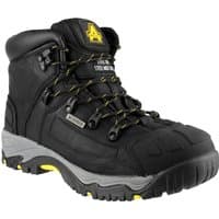 Black Amblers Safety boot, waterproof, wide fit, size 11, with yellow accents and rugged sole.