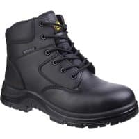 Black Amblers Safety FS006C waterproof boots with metal-free eyelets, padded collar, and slip-resistant sole.