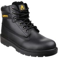 Black leather Amblers Safety FS112 boots with steel toe, padded collar, and yellow logo on ankle.