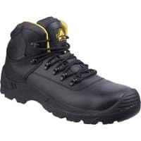 Black Amblers FS220 waterproof safety boots with yellow accents, lace-up front, and rugged slip-resistant sole.