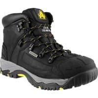 Black Amblers Safety FS32 waterproof boots with yellow accents, reinforced toe, and rugged sole.