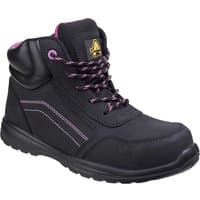 Black Amblers Safety Ladies AS601 Lydia boots with pink stitching, composite toe, padded collar, and pink-accented laces.