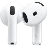 White Apple AirPods Gen 4 with sleek design, black speaker grilles, and short stems featuring Active Noise Cancellation.
