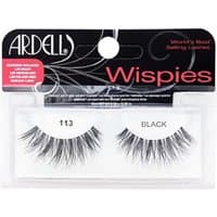 Ardell Wispies Eyelashes 113, black, wispy and voluminous, in clear plastic packaging with black and pink branding.
