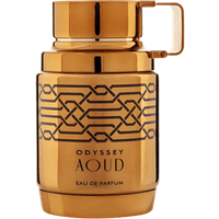 Armaf Odyssey Aoud Eau de Parfum, 100ml, gold cylindrical bottle with geometric black pattern and a square cap.