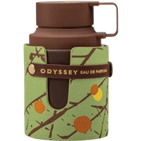Brown and green Armaf Odyssey Dubai Chocolate Eau De Parfum bottle with branch and fruit design, 100ml.