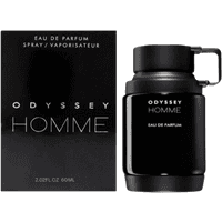 Black Armaf Odyssey Homme Eau de Parfum bottle with matching box, 60ml, sleek cylindrical design with a handle.