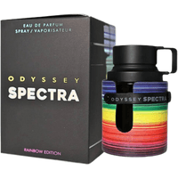 Armaf Odyssey Spectra Eau de Parfum, 100ml, black bottle with rainbow stripes, next to matching box.